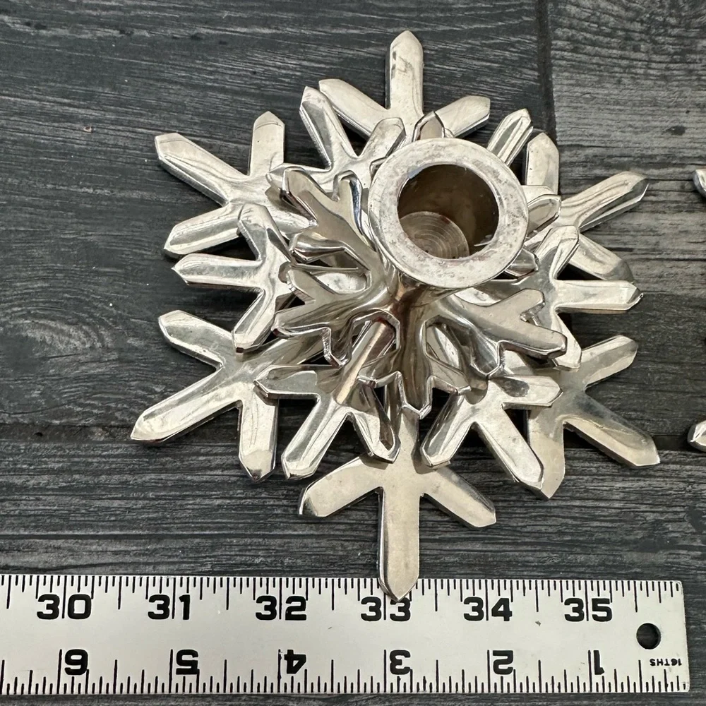 Crate & Barrel Pair of Shiny Snowflake Taper Holders